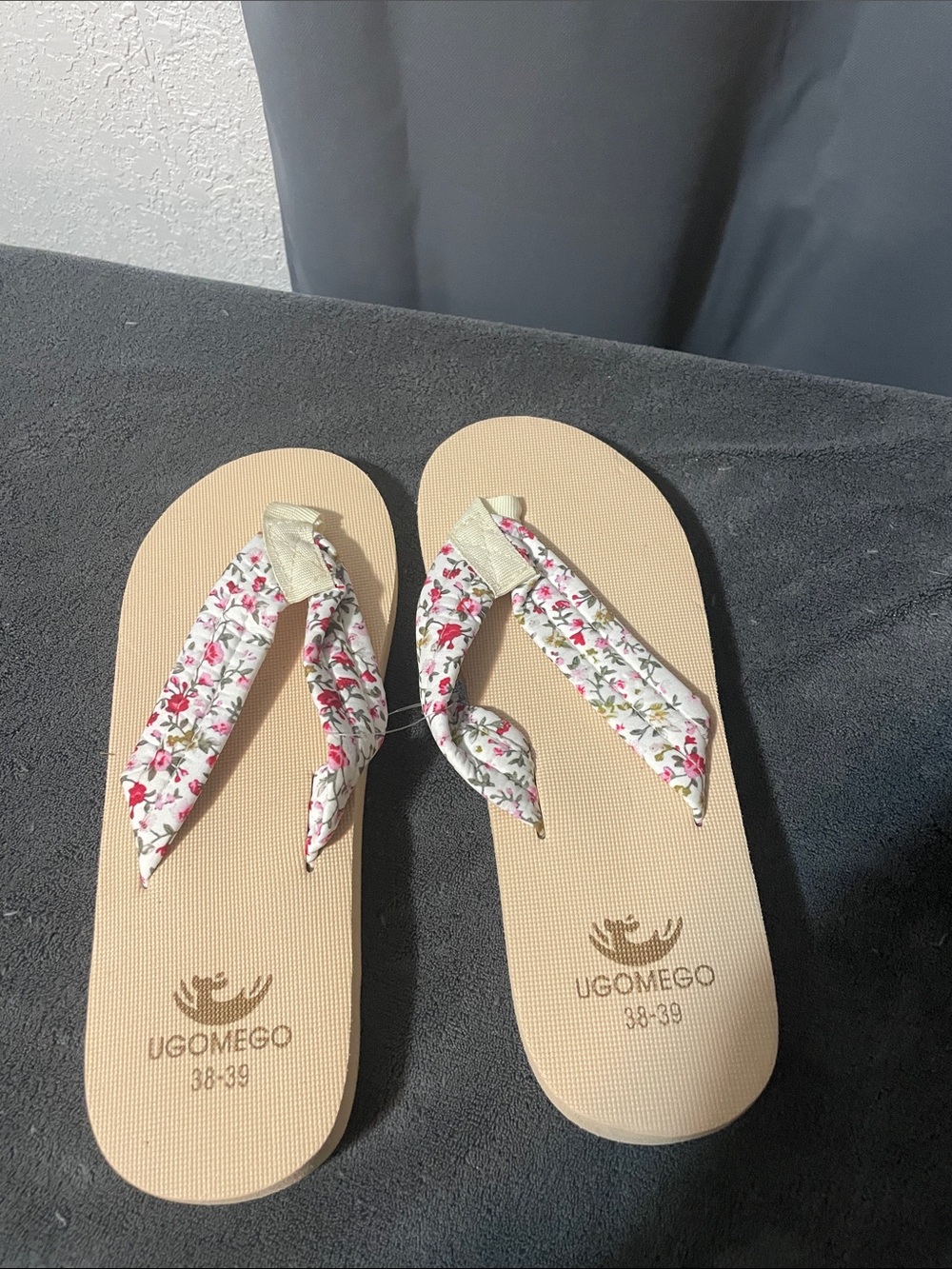 Beige Flip Sandals with Floral Fabric Straps